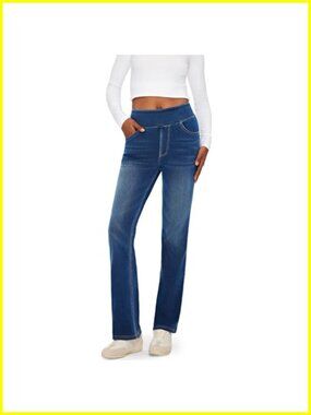 High Rise Stretchy Bootcut Jeans Pull-On Elastic Waist Women Denim